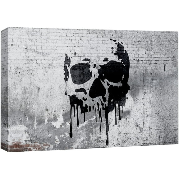 wall26 Canvas Print Wall Art Melting Skull on Gritty Gray City Wall Abstract Shapes Digital Art Graffiti & Street Art Bohemian Scenic Urban Cityscape for Living Room, Bedroom, Office - 24"x3