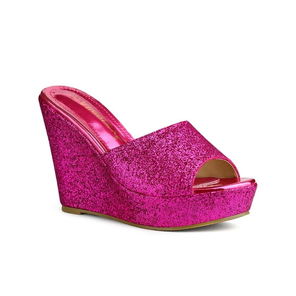 BLISSFUL STEP Women Glitter Platform Slip on Wedge Heels Sandals Hot Pink 7