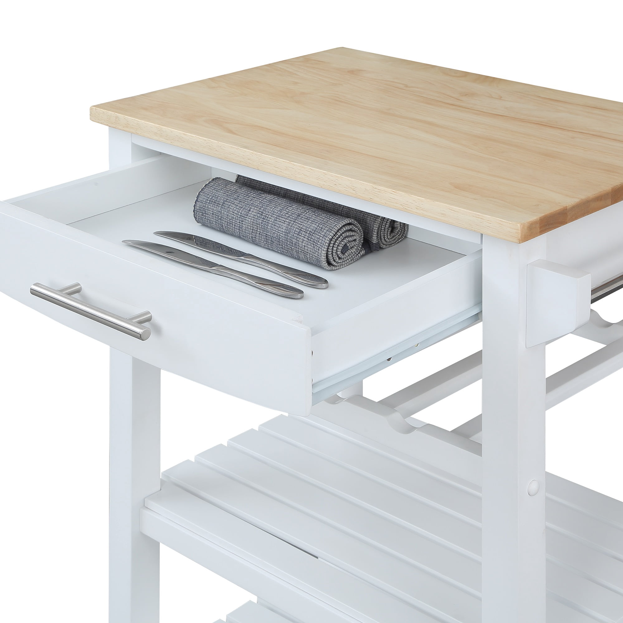 Convenience Concepts Ellaine 4 Tier Butcher Block Kitchen Cart with Drawer and Wine Rack, White/Butcher Block