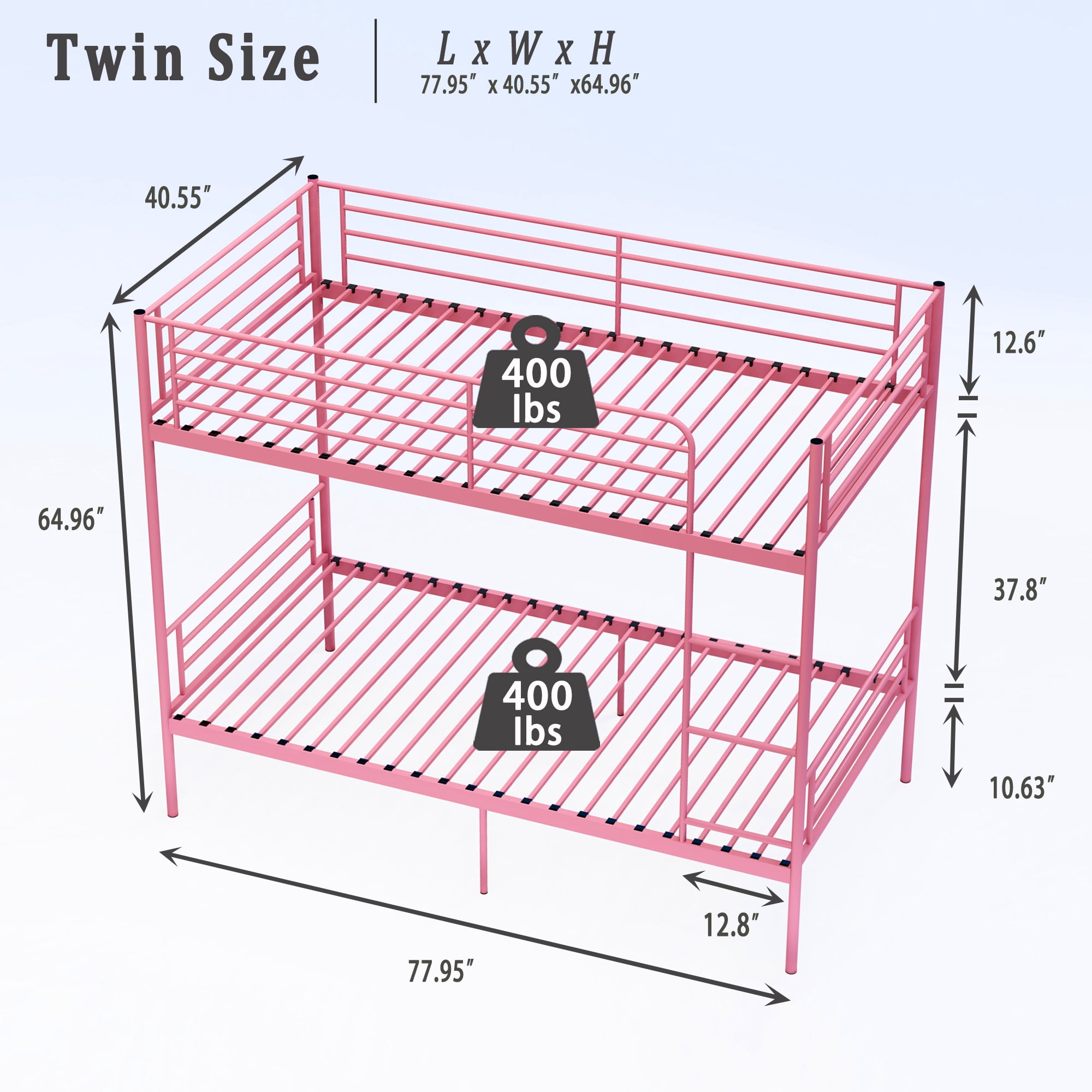 Leumius Twin over Twin Bunk Bed,Metal Bed Frame with Ladder and Guardrail,Noise Free,Easy Assemble,Able to Split 2 Bed,Pink