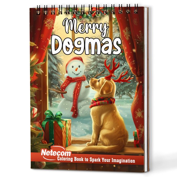 Netecom Merry Dogmas Coloring Book Spiral Bound for Adults, Wooden Cover, 30 Christmas Theme Coloring Pages of Cute Dogs for Stress Relief and Relaxation