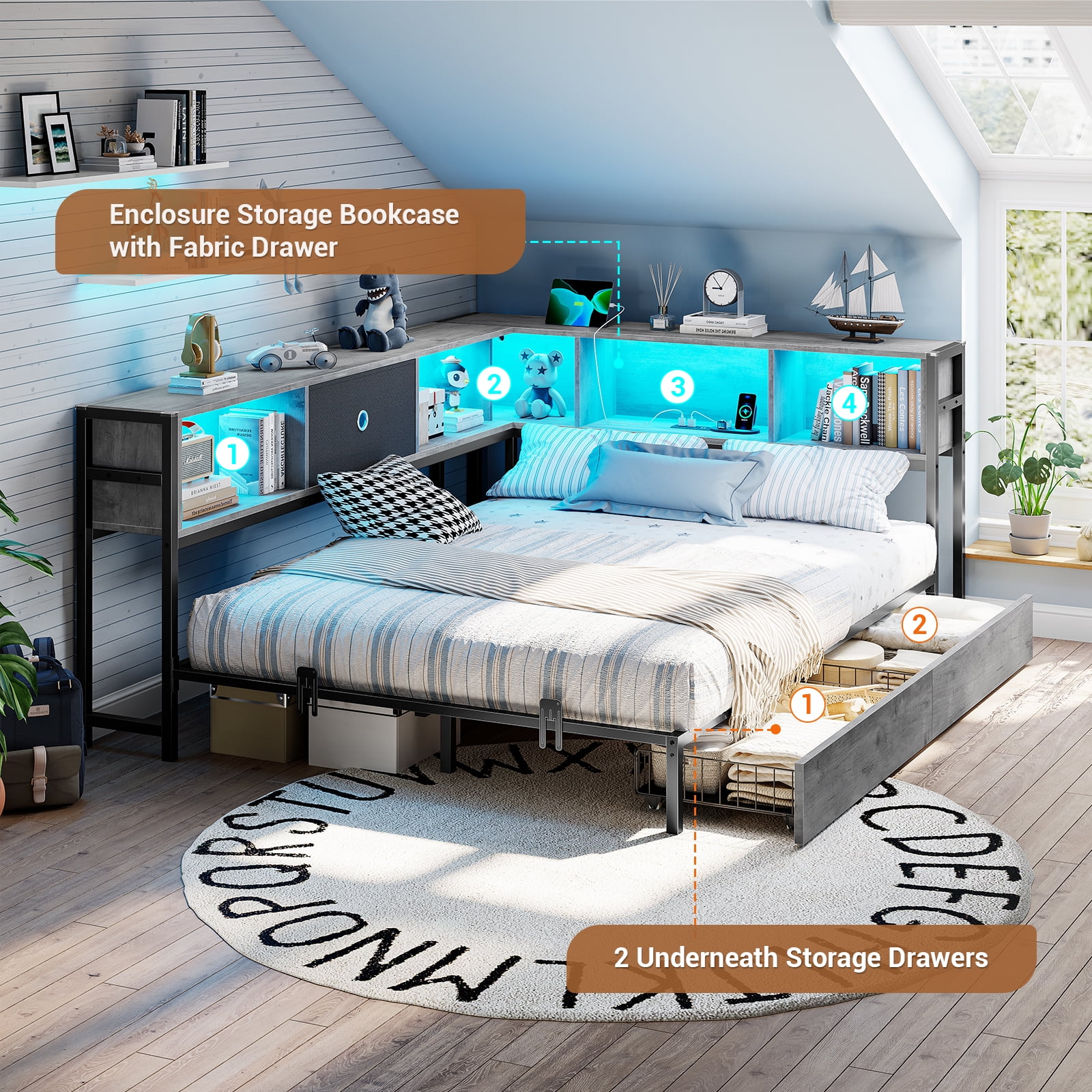 Full Corner Bed Frame with Bookcase Storage and Led Lights,Full Daybed Frame with Charging Station,Metal Platform Bed Frame with Storage Drawers Underneath for Living Room,Bedroom & Guest Room,Gray