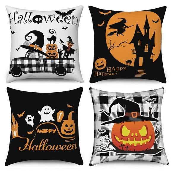 Pbobriich Halloween Throw Pillow Case 18x18 In Set of 4 Halloween Pillow Cases Linen Cushion Covers for Couch Sofa
