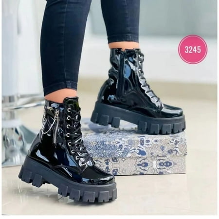 

2023 Winter Trend Women s Boots Patent Leather Zipper Warm Punk Gothic Combat Boots Lace Up Sports Casual Thick Sole Biker Boots