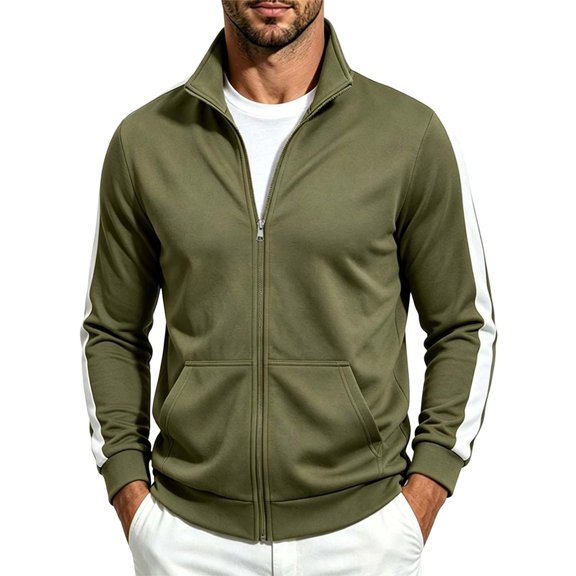MaFYtyTPR Men's Zip Up Track Jacket Stand Collar Athletic Casual Coat with Side Stripe and Pockets Men Sweatshirts Jackets Army Green L