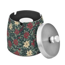 Yayeee Ashtray with Lid for Cigarette Smokeless Stainless Steel Home Ash Holder, Christmas Holly Leaves