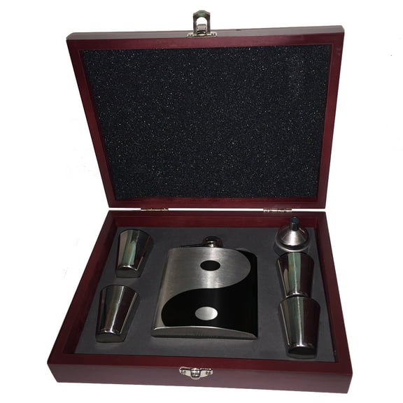 KuzmarK 6 oz. Stainless Steel Flask Set in Rose Wood Presentation Box -  Ying Yang Art