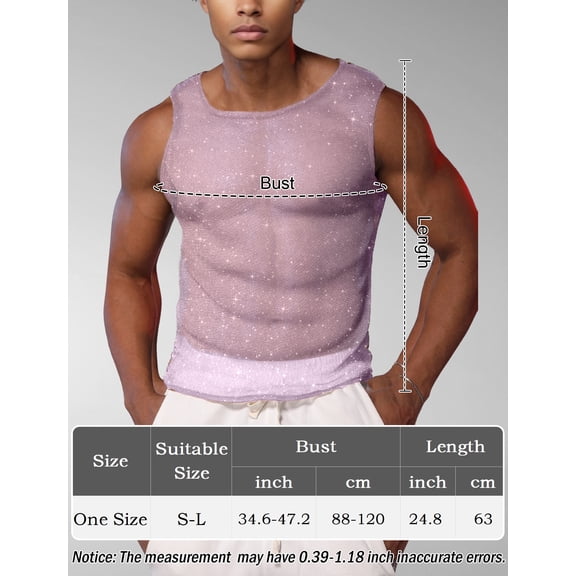 FEOYA Men's Sheer Shiny Pink Tank Top Mesh See Through Sleeveless Sparkly Disco Rave Outfit Sexy Nightclub Vest