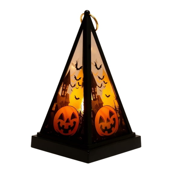 Yashow Elite Halloween Table Decorations Lantern, Vintage Lighted Pyramid Centerpiece Lamp with Pumpkin Bat, Spooky Handheld Prop for Home Party, 6.81 x 3.66 inch