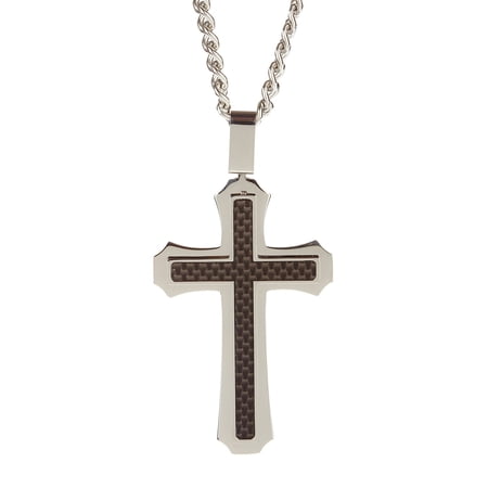 Arista Men's Cross Pendant in Carbon Fiber Solid Stainless Steel, 24"