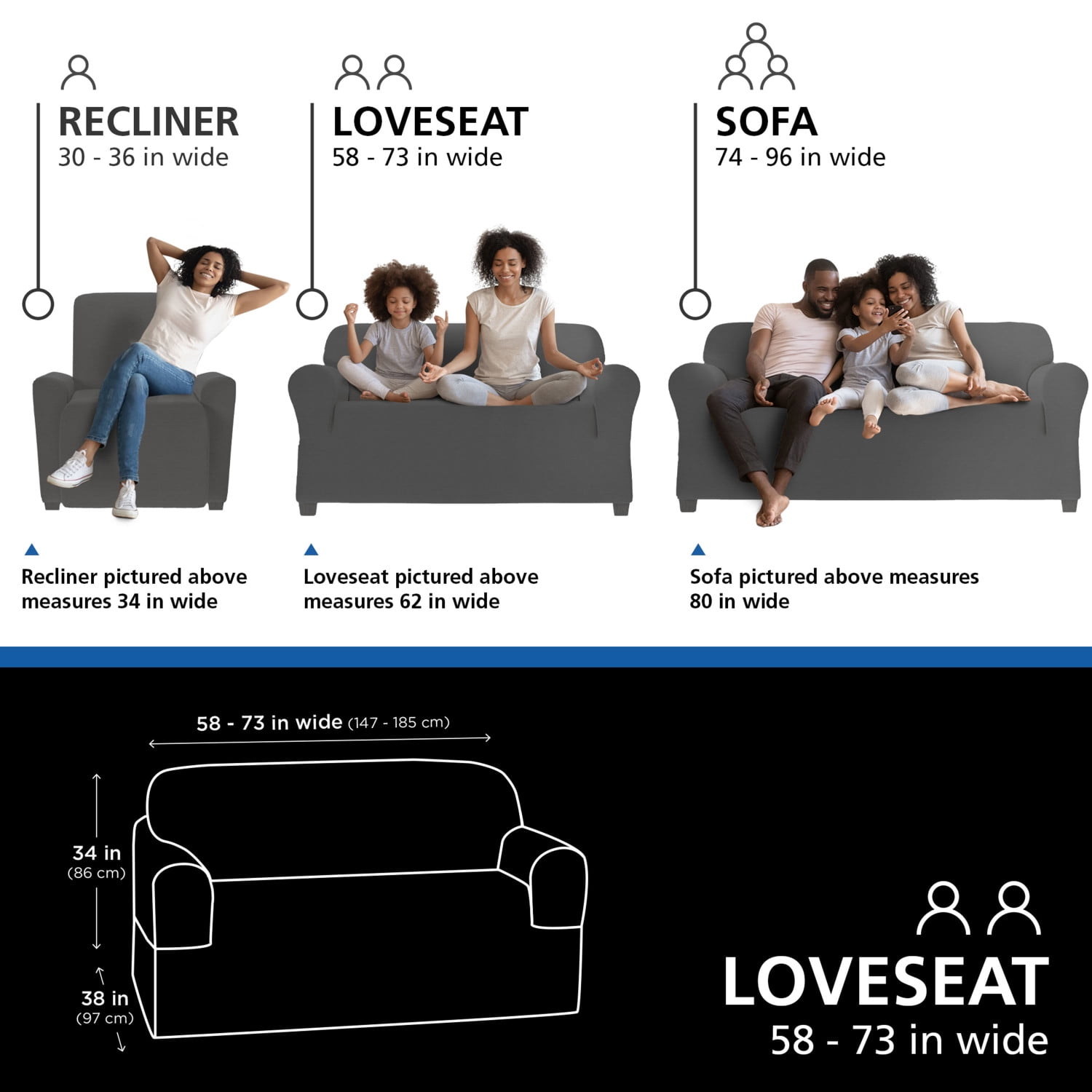 Mainstays Herringbone Stretch-to-Fit Loveseat Slipcover, Fits 2 People, 1-Piece, Charcoal Black