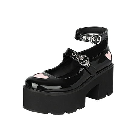 

Sentuca Women Fashion Thick High Heels Solid Ankle Strap Sandals British Style Belt Buckle Heart Pattern Student Uniform Varnished Leather Shoes