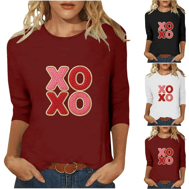 RKSTN Valentine's Gifts Women's 3/4 Sleeve T Shirts Top Oversized Crewneck Valentines Graphic Print Short Sleeve Shirt Womens Casual Solid Round Neck Loose Three Quarter Sleeve Shirt Spring Clothes