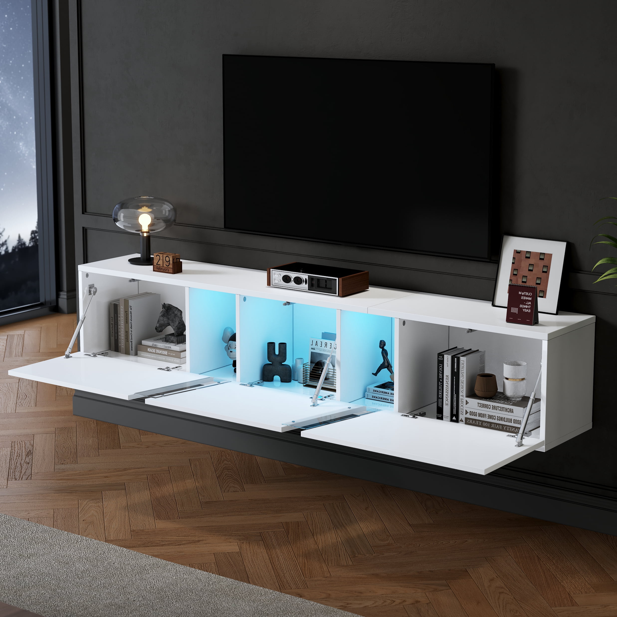 Noble House 64.9" Wall-Mounted Lowboard TV Cabinet,LED Lights with 3 Cabinet Doors for 65" TV,White