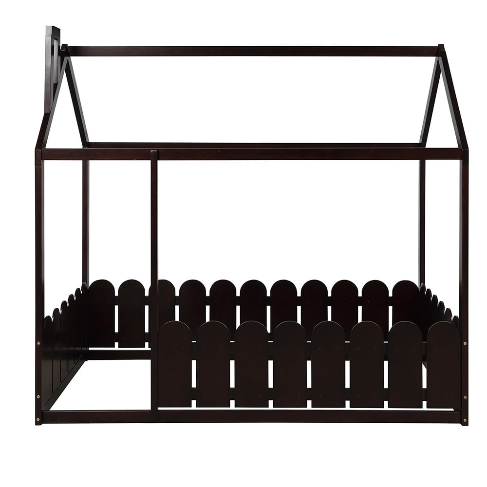 Kepooman Twin Size Wood Bed House Bed Frame with Fence for Kids Teens, 78.7"L x 42.5"W x 70.8"H, Espresso Kepooman Twin Size Wood Bed House Bed Frame with Fence for Kids Teens, 78.7"L x 42.5"W x 70.8"H, Espresso
