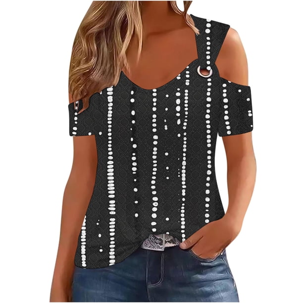 Pantalones Cortos para Mujeres Sexy No Posicionamiento Impreso Cuello en V Manga Corta Suelta Superior, Blusa Casual de Poliéster, Lavado a Mano Primavera Verano