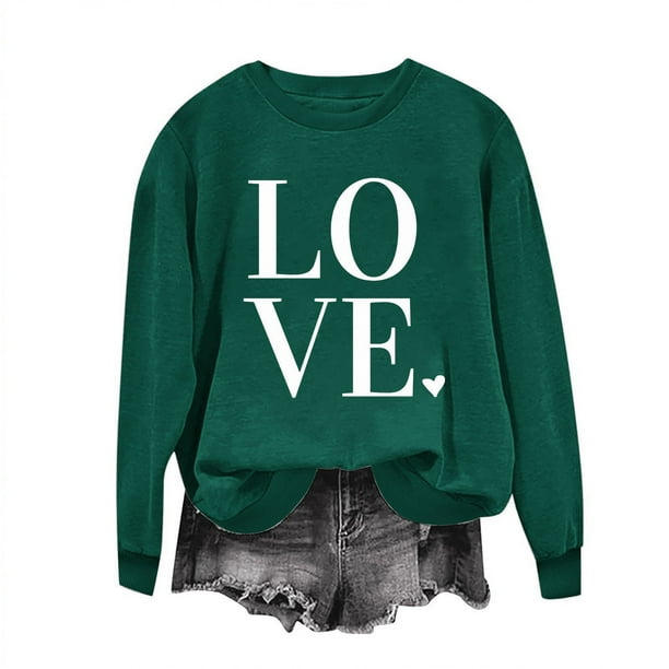Penkiiy Camisetas Día de San Valentín Mujeres Amor Corazón Rojo Sudadera gráfica de manga larga Cuello Crew Valentines Tops XL Verde