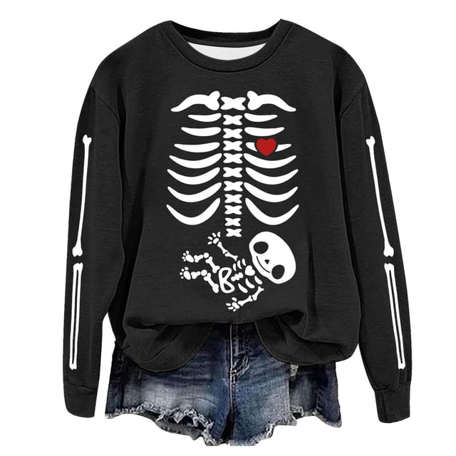 Chandail de Mode Automne Hiver pour Femmes, Manches Longues Fines, Col Rond, Imprimé Halloween, Sans Capuche, Décontracté