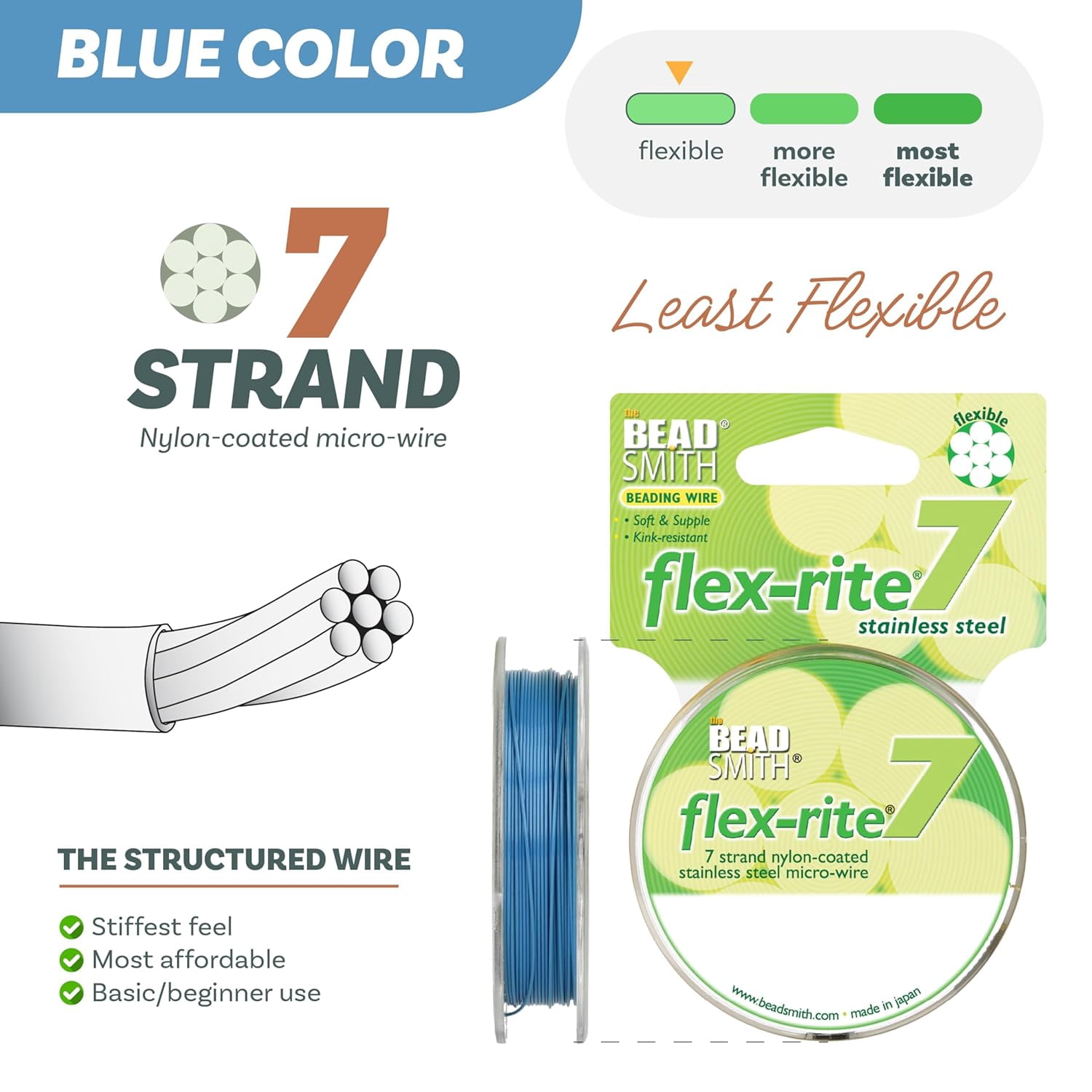 The Beadsmith Flex-Rite Beading Wire - 7-Strand, 0.024" (0.60 mm) Dia, Blue, 30 ft