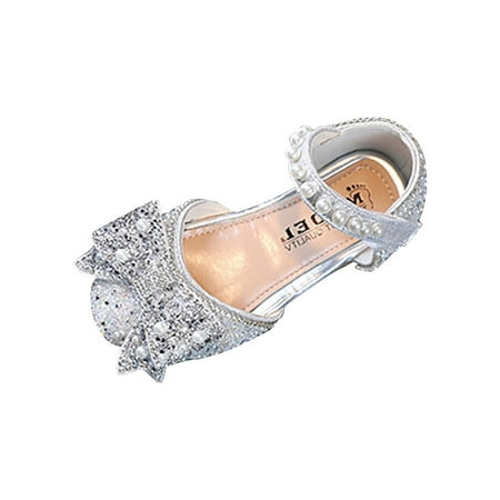 

Tengma Toddler Girl Sandals Children Girls Flat Pearl Crystal Shoes Bow Princess Shoes Pu Leather Solid Color Girls Casual Shoes Sandals for Girls （Silver Size: 23）