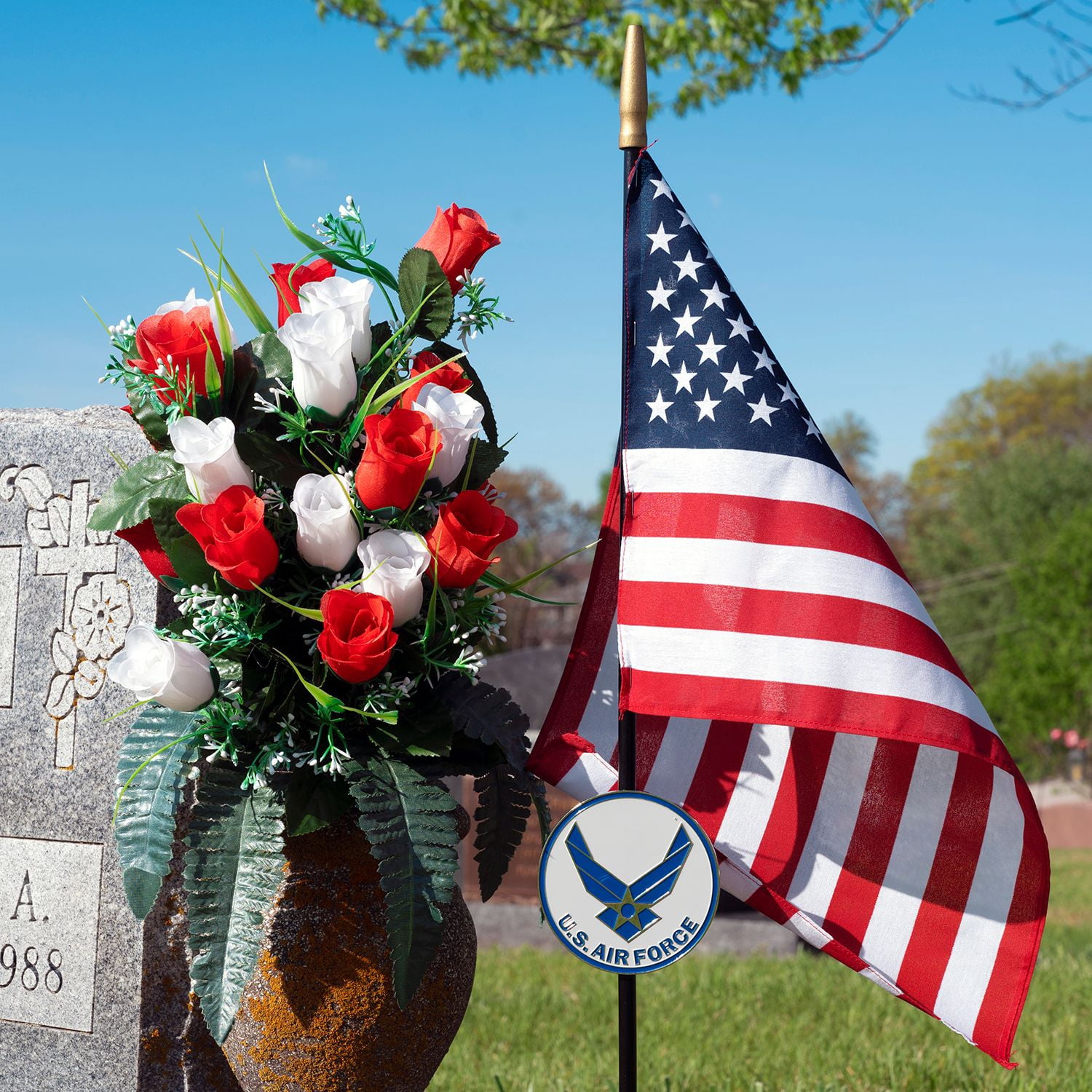 Allied Air Force Wings Veteran Grave Marker With 30 Inch Tall American Cemetery Flag