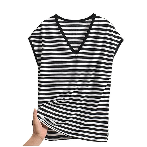 Tnhcen Women's Striped V-Neck Modal Sleepwear Sleeveless Nightgown Summer Pajamas Loose Fit Plus Size XL-5XL Soft Breathable Black