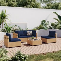 UPHA 5 Pieces Outdoor furniture Sets Patio Sectional Couch Wicker Conversation Sofa for Pools Outside, Gardens, Decks, Yellow Rattan, Navyblue Cushion
