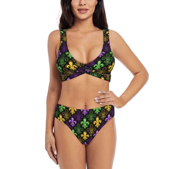 Kdxio Mardi Gras1 Print Women's 2 Piece High Waisted Wrap Spaghetti Strap Summer Swimsuit Bikini Set-Small