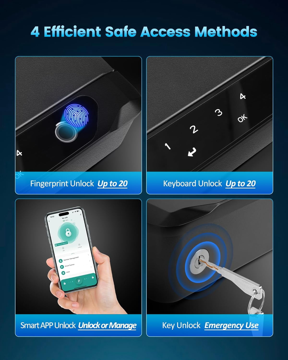 Adoreal Smart Biometric Gun Safe for Handguns, 4 Ways Quick-Access Fingerprint Gun Safe for Pistols, Fingerprint/Digital Keypad/Key/APP Gun Locks Box for 2 Guns, Sturdy Heavy Steel Construction