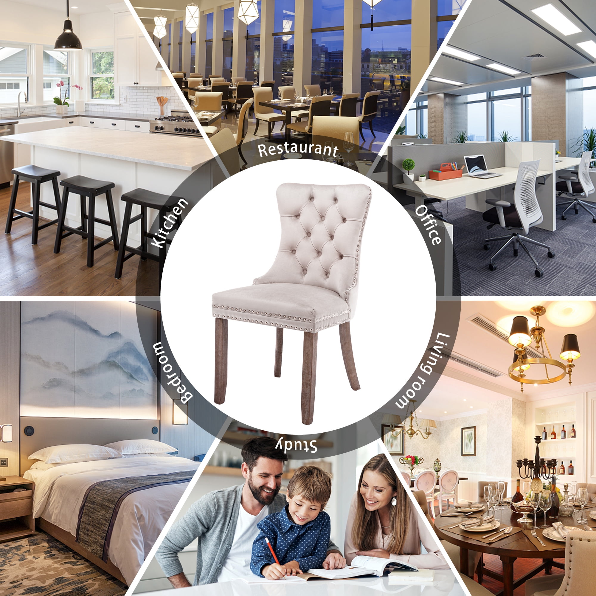 DONICK Velvet Beige Upholstered Dining Chairs Set of 2, Kitchen & Dining Room Chairs Nailheads Tufted Soft Solid Wood Frame