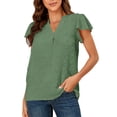 thumbnail image 1 of Jacquard manga corta blusa V cuello ruffle manga casual blusa camisa para mujer dama verde XL, 1 of 6