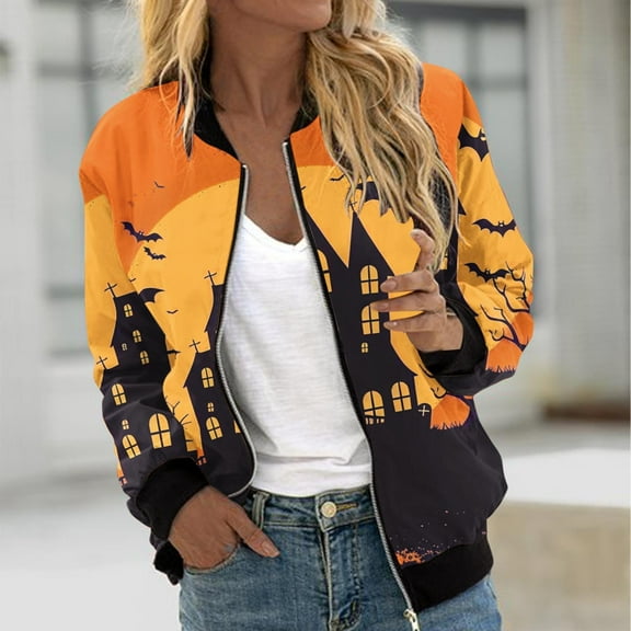 WXLWZYWL Womens Halloween Bomber Jacket Funny Spooky Ladies Coat Ghost Floral Graphic Cardigan Zip Up Long Sleeve Dressy Tops Moto Biker Windbreaker