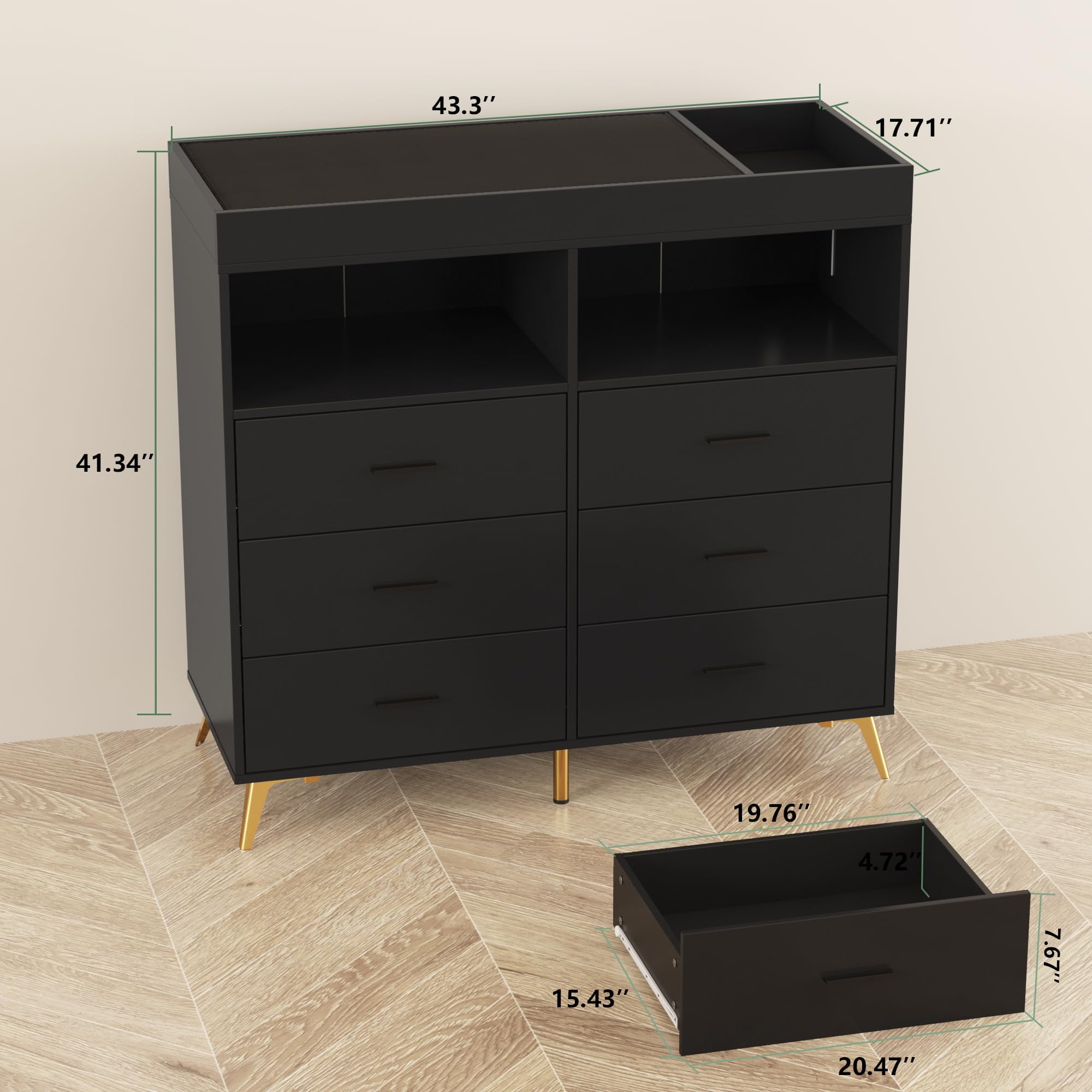 Luku Dresser for Bedroom with LED Lights and Power Outlet, Baby Changing Table Dresser with 6 Drawers, 2 Open Storage Shelves, Baby Dresser with Changing Table Top