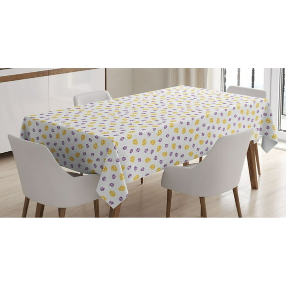 Purple and Yellow Tablecloth, Halloween Scary Skeleton Themed Plenitude Skull Printings, Rectangle Satin Table Cover for Dining Room and Kitchen, 60" X 84", Mustard Violet and White, by Ambesonne