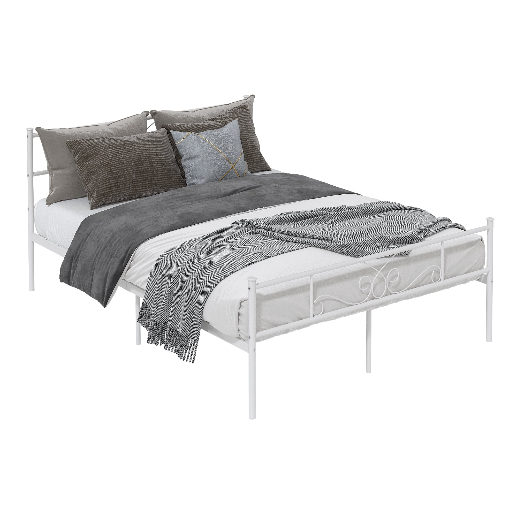 Yoneston Heavy Duty Queen Size Platform Bed Frame with Vintage Scroll Headboard & Footboard, White