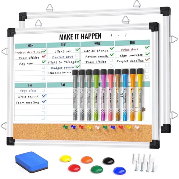 Marsrock On Sale 17"x13" Green Weekly Whiteboard with Aluminum Frame,Planner Cork Board Combo for Wall,Reversible Hanging Dry Erase Board