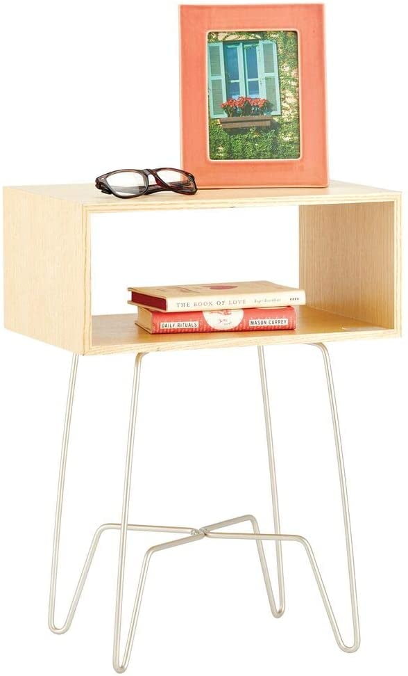 mDesign Modern Farmhouse Side/End Table Open Storage Shelf Basket, Hairpin Legs, Wooden Top