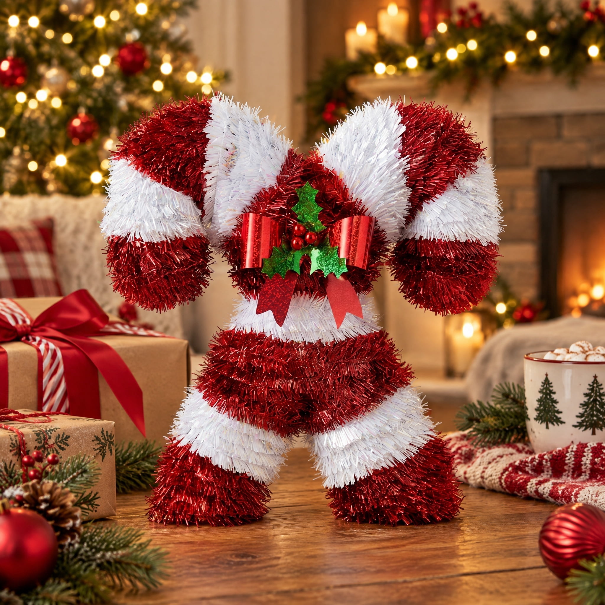 Tinsel Double Candy Canes Christmas Decoration, Red and White, 11", by Holiday Time