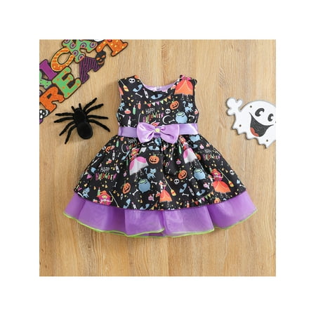 

xkwyshop Toddler Baby Girl Halloween Dress Bow Ruffle Princess Dress Kids Horror Print Party Halloween Clothes Purple 2-3 Years