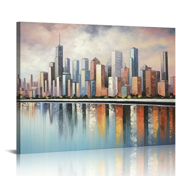 JRXY , City Skyline Framed Canvas Abstract Urban Landscape Artwork Modern Cityscape Wall Art for Dinning Room Office 20x16in