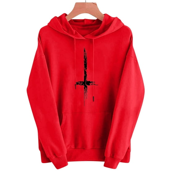 VOONCAS Women's 2XL Red Distressed Cross Hoodie - Gothic Streetwear, 100% Polyester, Relaxed Fit with Kangaroo Pocket
