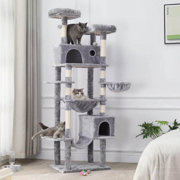 Large Cat Tower with 3 Types of Hammocks, MultiLevel Cat Activity