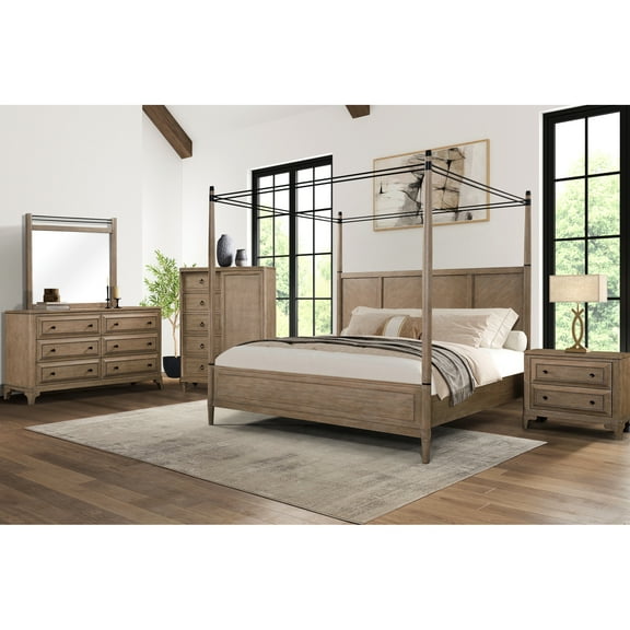 Queen Canopy Bed With Warm Sand - Solid Wood & Bedroom Center Sand Bliss
