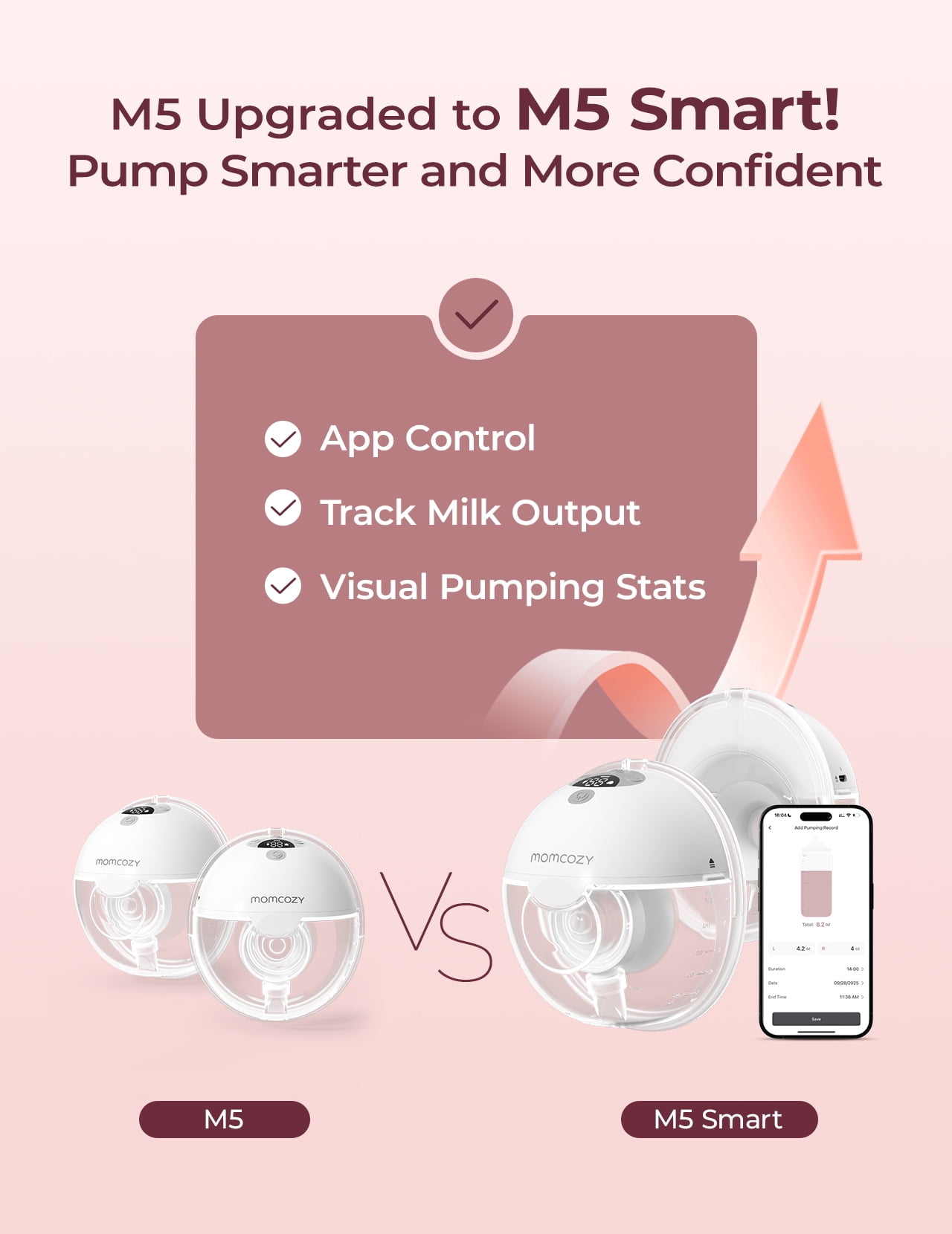 Momcozy M5 Smart App Control Hands Free Breast Pump, Double Wearable Breast Pump of Baby Mouth Double-Sealed Flange with 3 Modes & 9 Levels, Electric Pump Portable