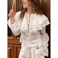 thumbnail image 5 of Women Lace Tie Front Top Ruffle Trim Long Sleeve Flowy Shirt Going Out Top White XL, 5 of 9