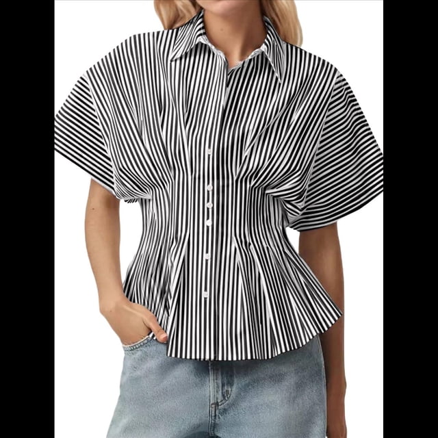 Camisas A Rayas con Botones para Mujer, Blusa Plisada de Corta con Corsé, Informal, de Verano. Rayas Negras XL