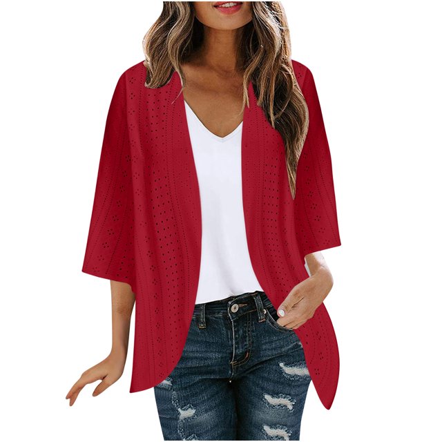 yoeyez Light Cardigans for Women Summer Womens Plus Size Solid Color Kimono Cardigan Puff Sleeve Tops Oversize Loose Cover Ups Cardigans Red,M