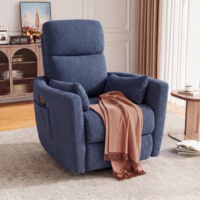 Furmax 360° Swivel Recliner Power Massage Rocker Chair Adult Glider Rocker with 2 Comfy Pillows for Nursery,Loop Yarn Blue