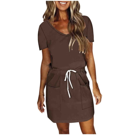 Admvng Women's V-Neck Drawstring Waist Mini Dress, Short Sleeve Casual Tunic Dress with Pockets