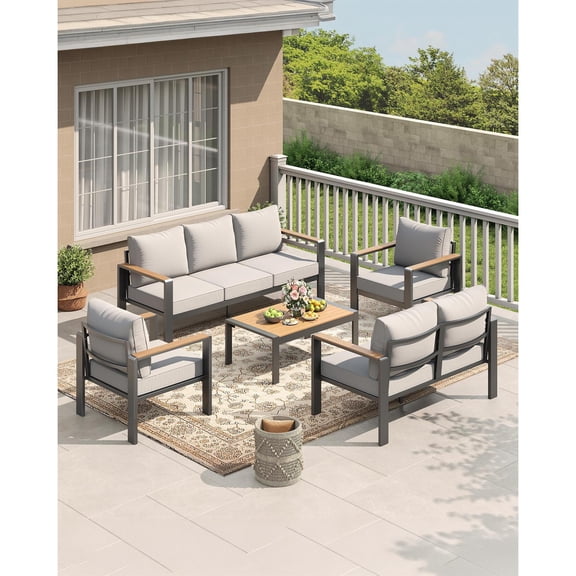 Aluminum Outdoor Patio Furniture Set, 5-Piece Sectional Conversation Set with Thick Washable Cushions & Coffee Table, Modern Outdoor Seating for Porch, Balcony, Deck & Yard